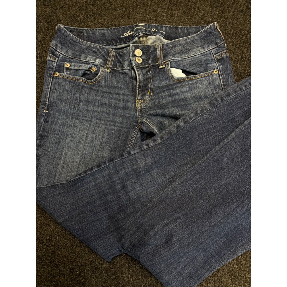 American Eagle Artist Flare Jeans Dark Wash Low Rise Stretch Denim Size 6 Long